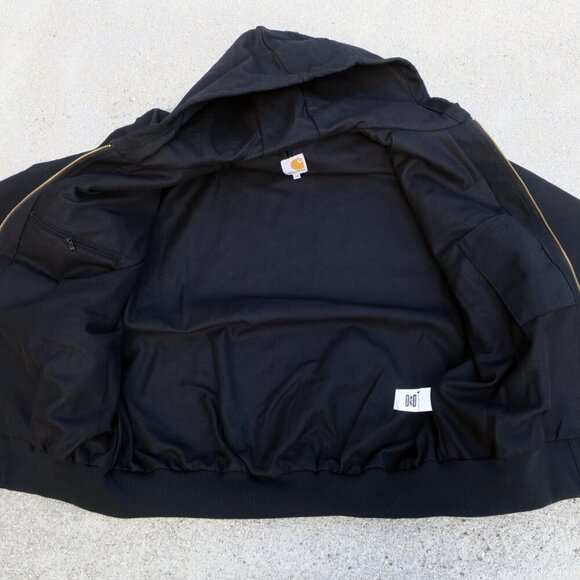 Carhartt Black Zip Work Wear Canvas Duck Jacket Hood J131 Thermal 2XL *Farm Logo - Picture 2 of 7